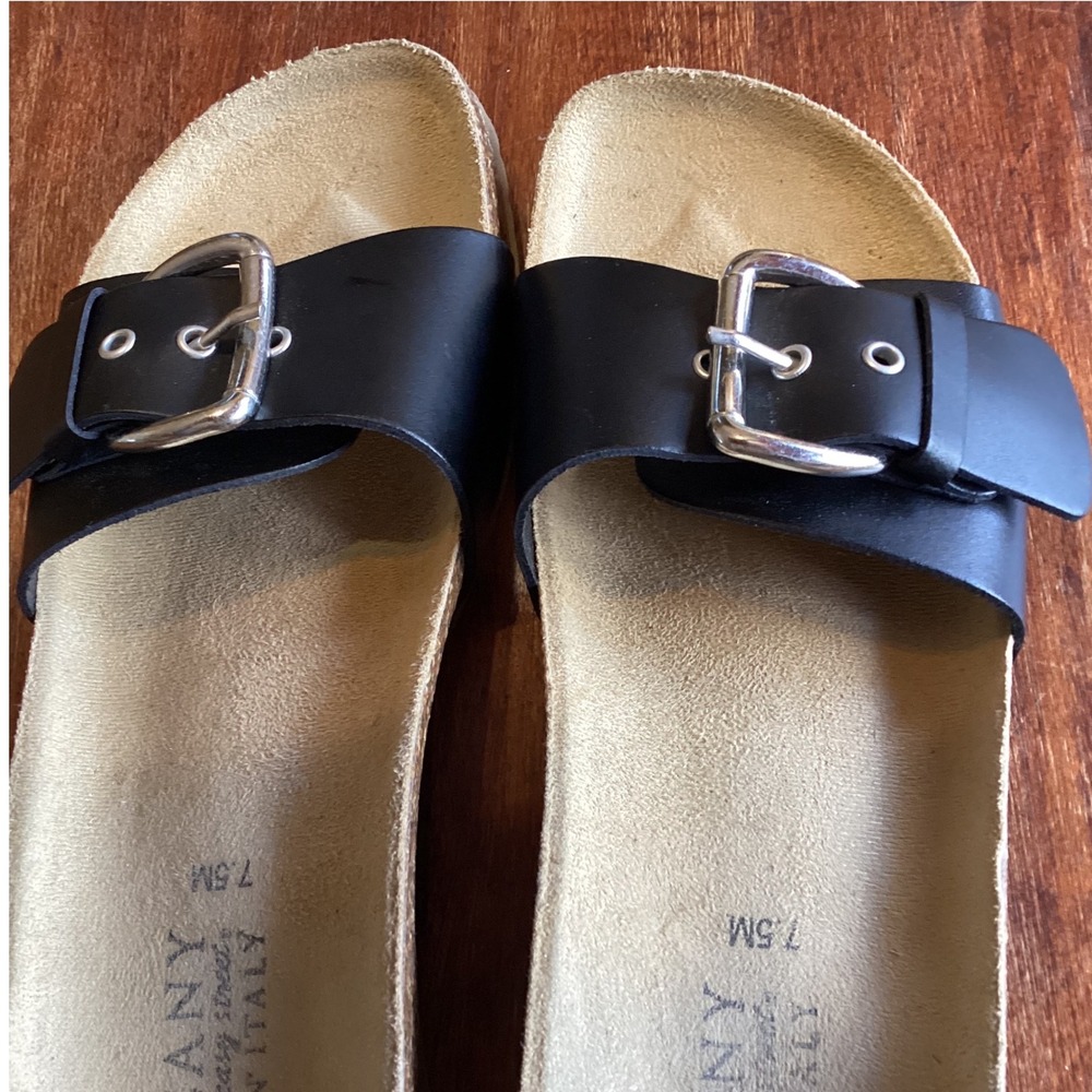 Tuscany by Easy Street Black Buckle Cork Wedge Slide Sandals Made in Italy‎ 7.5M